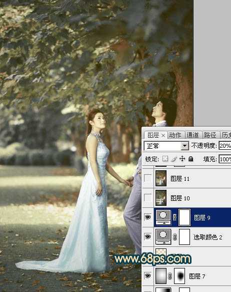 ‘Photoshop将树林婚片调成柔美的暗暖色‘