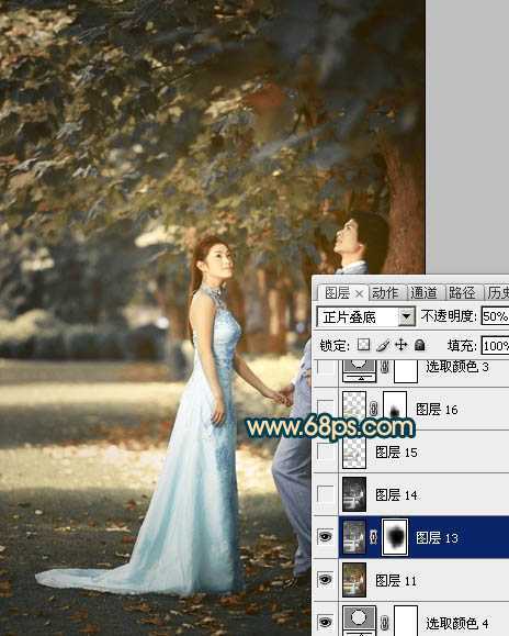 ‘Photoshop将树林婚片调成柔美的暗暖色‘