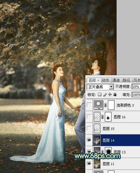 ‘Photoshop将树林婚片调成柔美的暗暖色‘