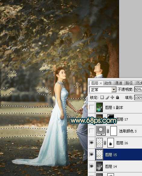 ‘Photoshop将树林婚片调成柔美的暗暖色‘