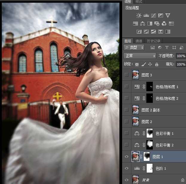 ‘Photoshop为建筑婚片磨皮打造大气的暗冷色复古效果‘
