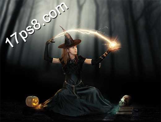 ‘photoshop设计制作万圣节巫婆手握水晶球的魔法海报ps教程‘