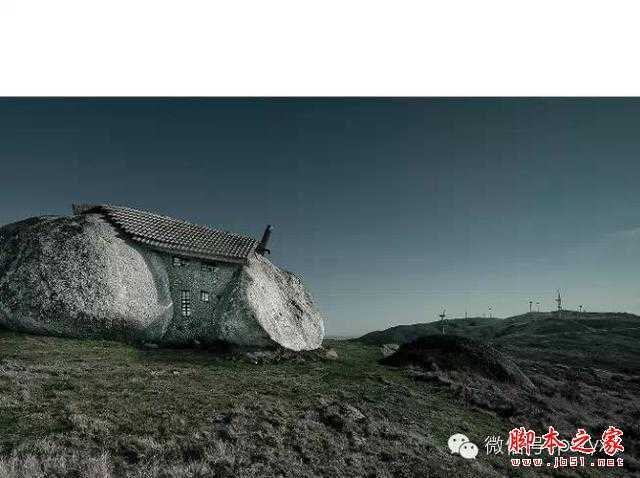 ‘用PS图片素材合成一个石屋前的老人抽象画‘