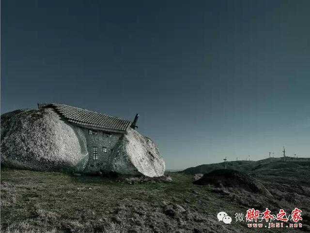 ‘用PS图片素材合成一个石屋前的老人抽象画‘