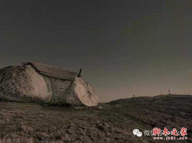 ‘用PS图片素材合成一个石屋前的老人抽象画‘