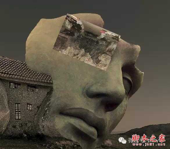 ‘用PS图片素材合成一个石屋前的老人抽象画‘