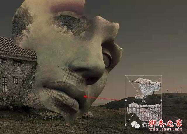 ‘用PS图片素材合成一个石屋前的老人抽象画‘