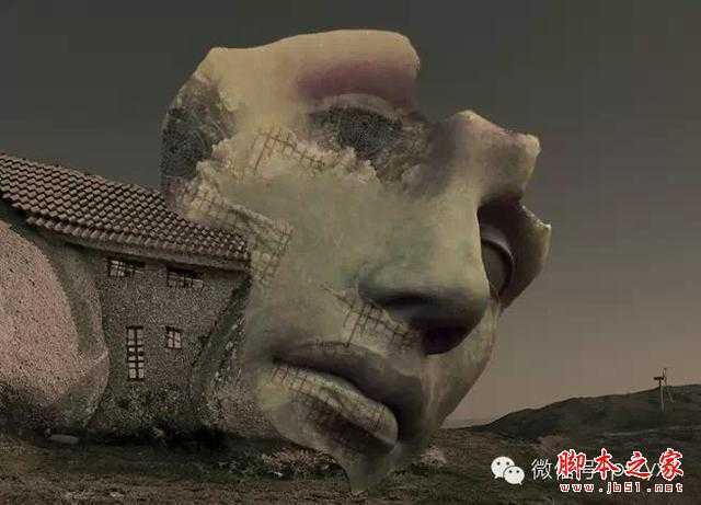 ‘用PS图片素材合成一个石屋前的老人抽象画‘