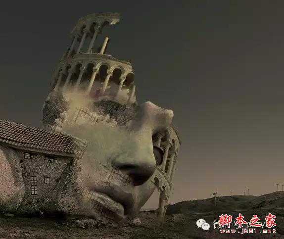 ‘用PS图片素材合成一个石屋前的老人抽象画‘