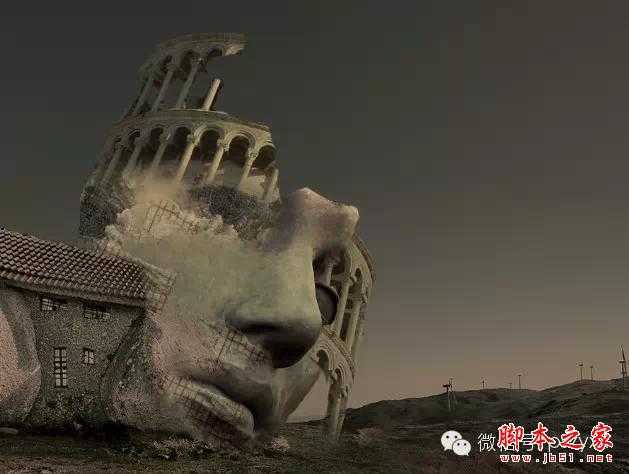 ‘用PS图片素材合成一个石屋前的老人抽象画‘