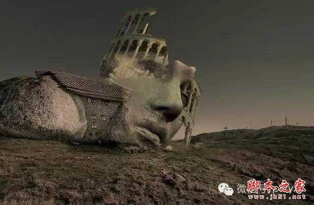 ‘用PS图片素材合成一个石屋前的老人抽象画‘