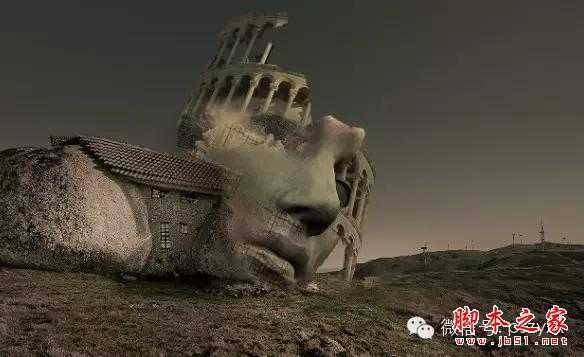 ‘用PS图片素材合成一个石屋前的老人抽象画‘