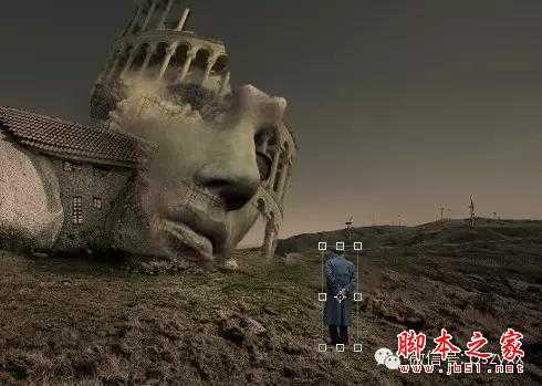 ‘用PS图片素材合成一个石屋前的老人抽象画‘