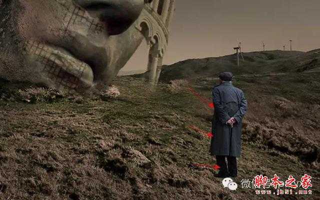 ‘用PS图片素材合成一个石屋前的老人抽象画‘