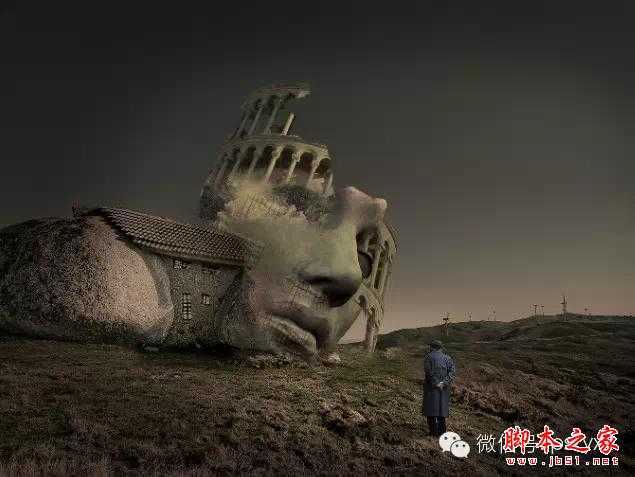 ‘用PS图片素材合成一个石屋前的老人抽象画‘