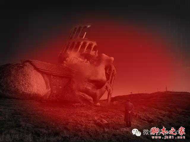 ‘用PS图片素材合成一个石屋前的老人抽象画‘