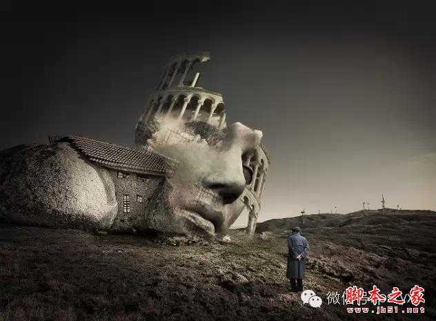 ‘用PS图片素材合成一个石屋前的老人抽象画‘