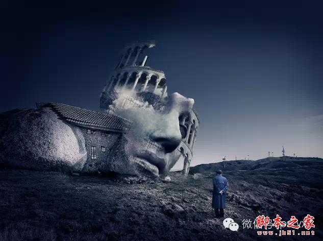 ‘用PS图片素材合成一个石屋前的老人抽象画‘