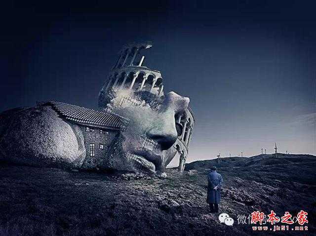‘用PS图片素材合成一个石屋前的老人抽象画‘