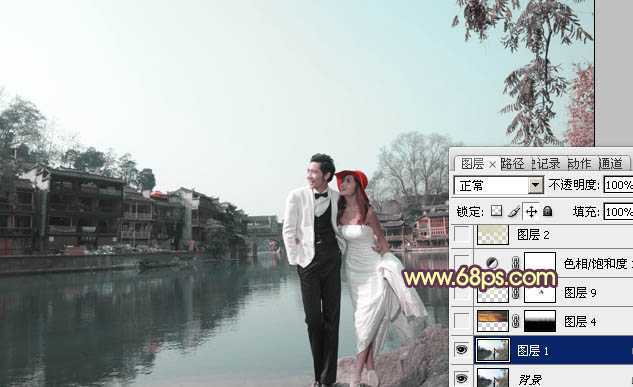 ‘Photoshop将古镇婚片调制出漂亮的霞光色效果‘
