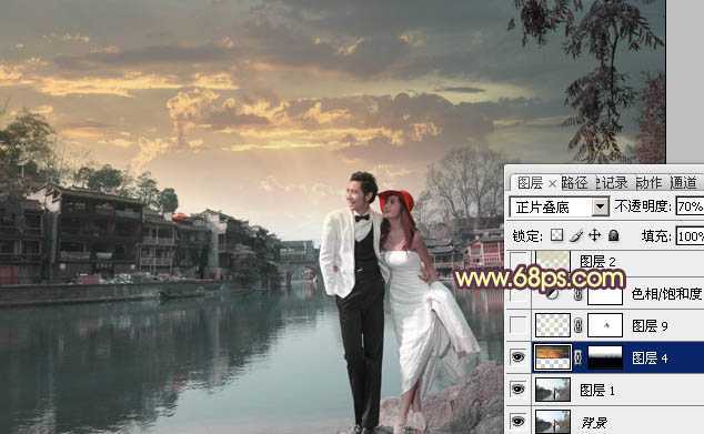 ‘Photoshop将古镇婚片调制出漂亮的霞光色效果‘