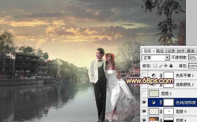 ‘Photoshop将古镇婚片调制出漂亮的霞光色效果‘