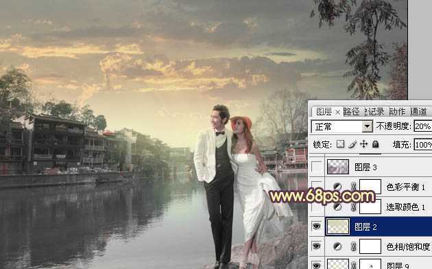 ‘Photoshop将古镇婚片调制出漂亮的霞光色效果‘