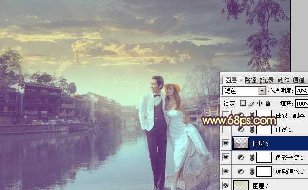 ‘Photoshop将古镇婚片调制出漂亮的霞光色效果‘