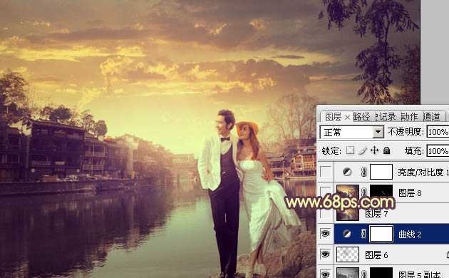 ‘Photoshop将古镇婚片调制出漂亮的霞光色效果‘