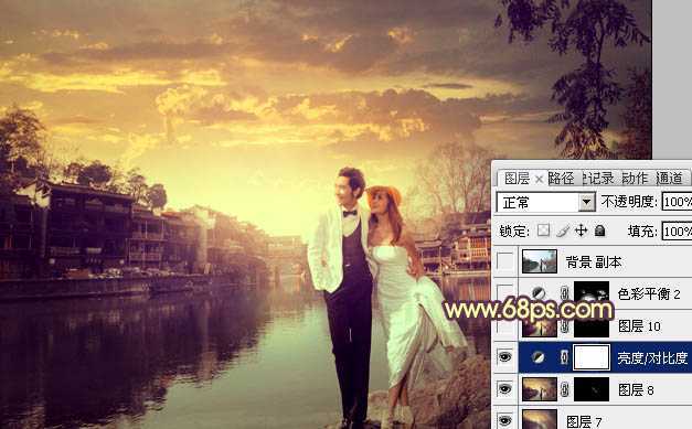 ‘Photoshop将古镇婚片调制出漂亮的霞光色效果‘