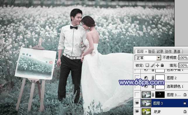 ‘Photoshop将油菜花婚片打造出梦幻的蓝色效果‘