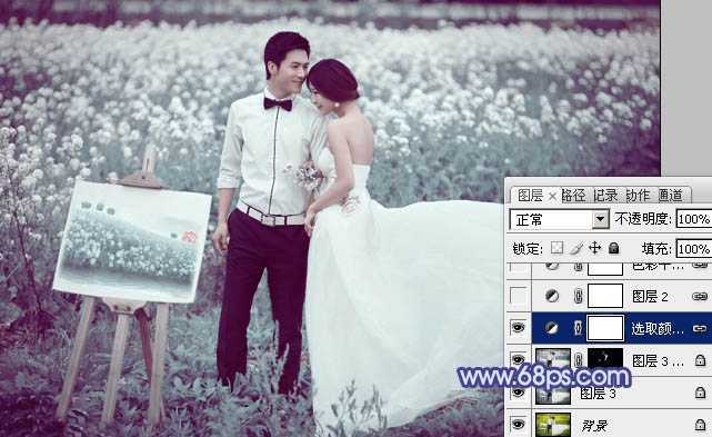 ‘Photoshop将油菜花婚片打造出梦幻的蓝色效果‘