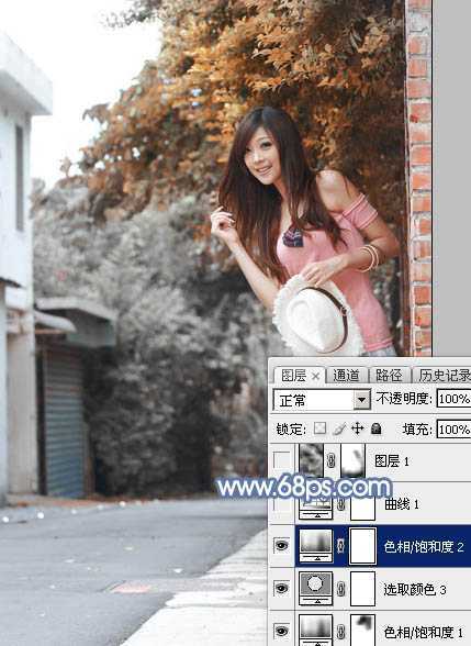 ‘Photoshop为乡路边的美女加上柔美的中性暖色效果‘