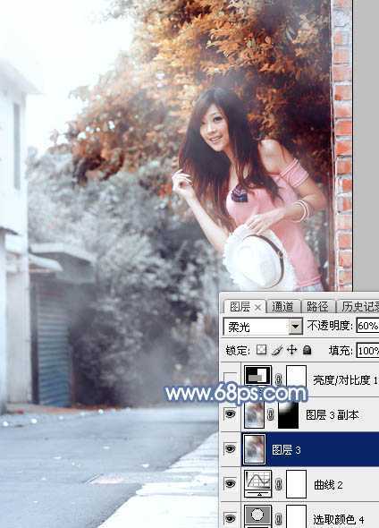 ‘Photoshop为乡路边的美女加上柔美的中性暖色效果‘