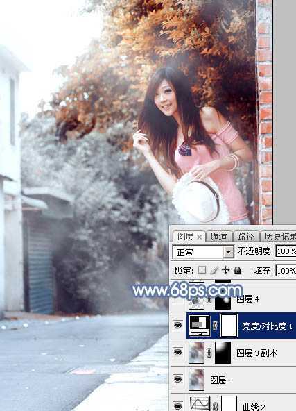 ‘Photoshop为乡路边的美女加上柔美的中性暖色效果‘