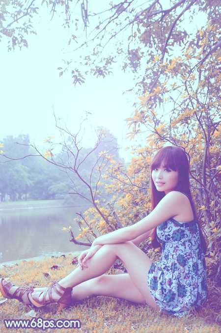 ‘Photoshop为坐在河边的美女加上小清新的秋季橙黄色‘
