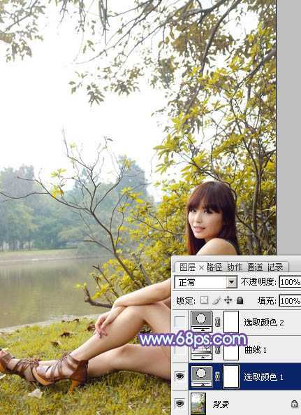 ‘Photoshop为坐在河边的美女加上小清新的秋季橙黄色‘
