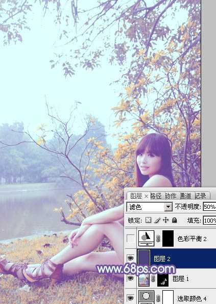 ‘Photoshop为坐在河边的美女加上小清新的秋季橙黄色‘