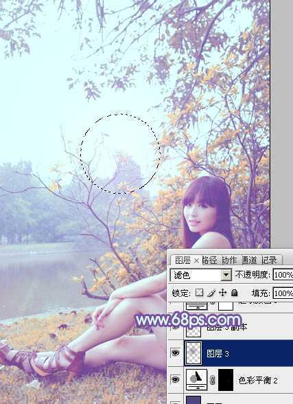 ‘Photoshop为坐在河边的美女加上小清新的秋季橙黄色‘
