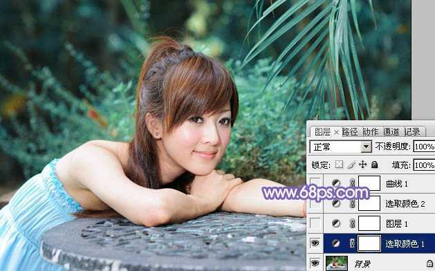 ‘Photoshop为夏日趴在石桌上的美女图片增加小清新淡蓝色‘
