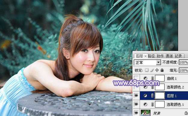 ‘Photoshop为夏日趴在石桌上的美女图片增加小清新淡蓝色‘