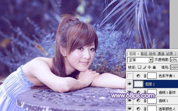 ‘Photoshop为夏日趴在石桌上的美女图片增加小清新淡蓝色‘