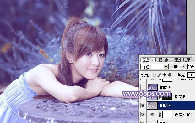 ‘Photoshop为夏日趴在石桌上的美女图片增加小清新淡蓝色‘
