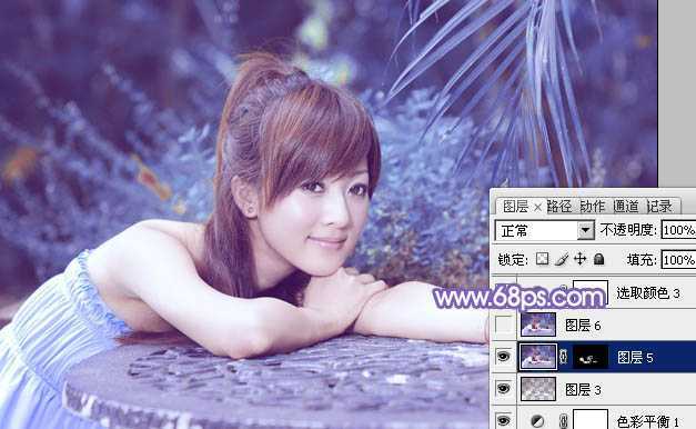 ‘Photoshop为夏日趴在石桌上的美女图片增加小清新淡蓝色‘
