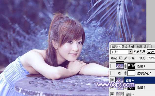 ‘Photoshop为夏日趴在石桌上的美女图片增加小清新淡蓝色‘