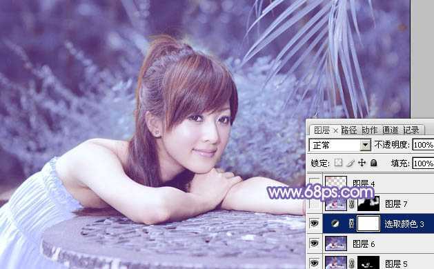 ‘Photoshop为夏日趴在石桌上的美女图片增加小清新淡蓝色‘