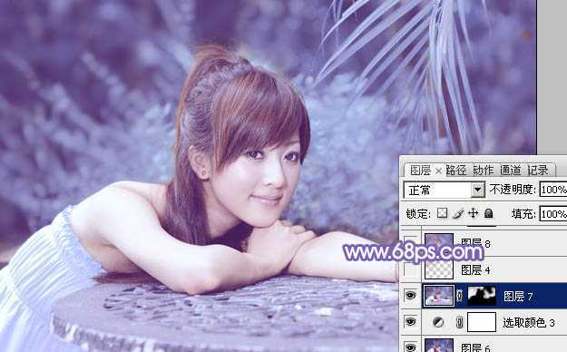 ‘Photoshop为夏日趴在石桌上的美女图片增加小清新淡蓝色‘