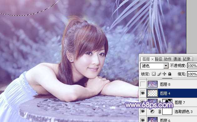 ‘Photoshop为夏日趴在石桌上的美女图片增加小清新淡蓝色‘