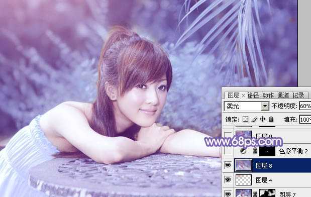 ‘Photoshop为夏日趴在石桌上的美女图片增加小清新淡蓝色‘