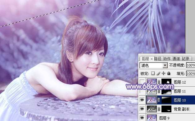 ‘Photoshop为夏日趴在石桌上的美女图片增加小清新淡蓝色‘